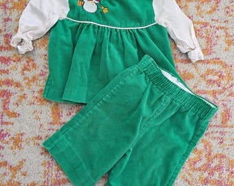 Vintage 1970s Infant Winter Outfit 6 Months | Green Velour Snowman Set | Sears Baby Clothes