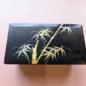 1970s Japanese Lacquer Jewelry Box: Gold Bamboo Design, Red Velvet Lining