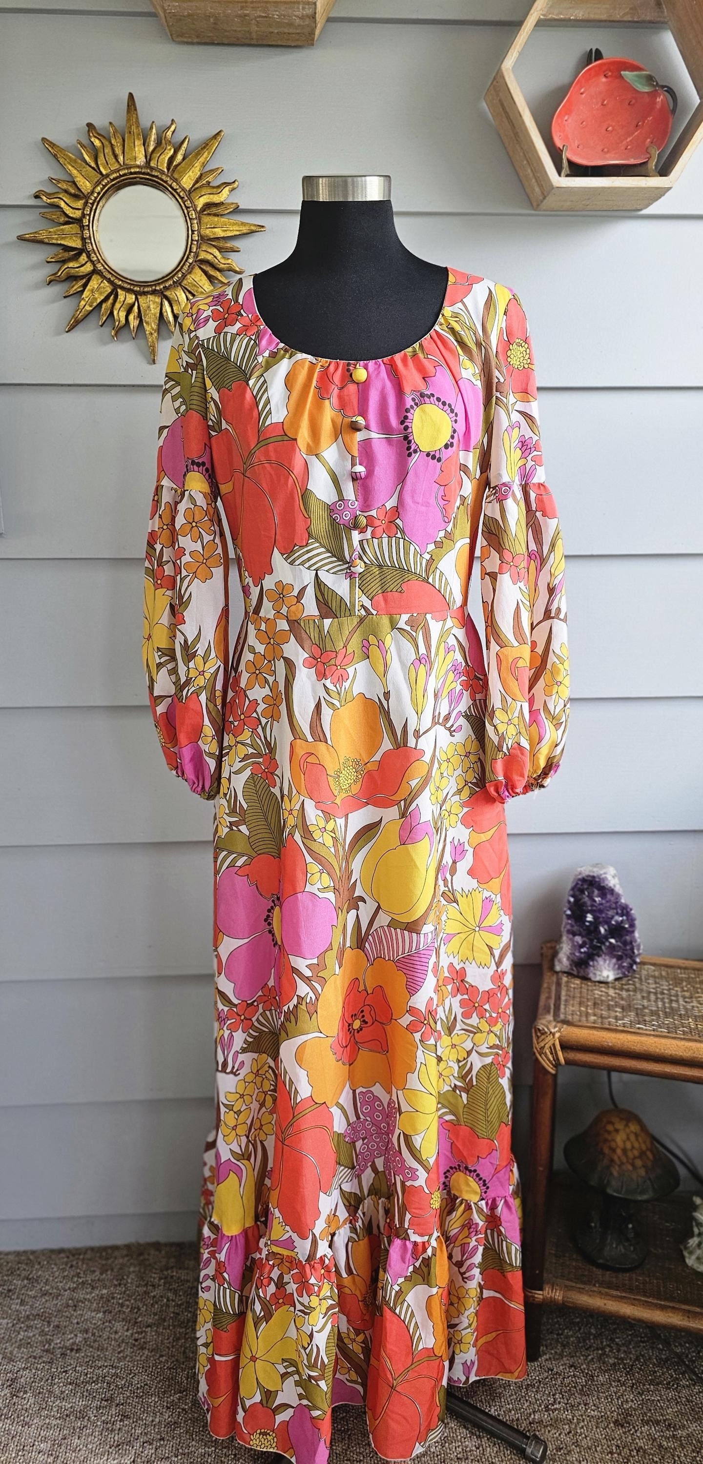 Retro 60er Jahre Springtime Groovy Kleid/Vintage Hawaii-Kleid/Maxi-Kleid M/L