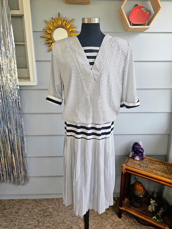 80s drop waist dress Vintage 80s Drop Waist White Polka Dot Dress Best Fits Size S-M
