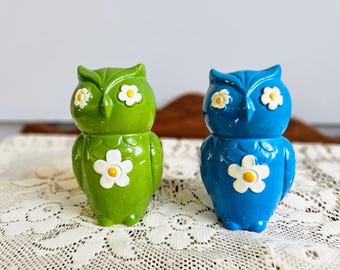 Set di saliera e pepiera vintage a forma di gufo, stile Flower Power, Giappone, anni '70