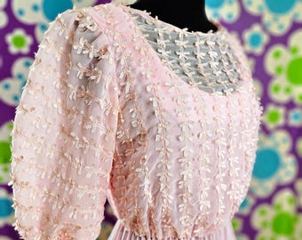 Vintage 1970&#39;s Coquette Pink Bowed Prom Dress/Valentine&#39;s Day Dress/Puff Sleeves/Pleated Maxi Dress - S