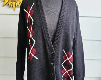 80s Argyle Cardigan - Holiday Grandpa Sweater - Vintage Catalina