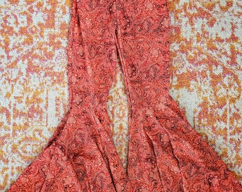 Vintage Y2K oranje paisley bell bodems hoog getailleerde flare broek Boho festivalbroek S/M
