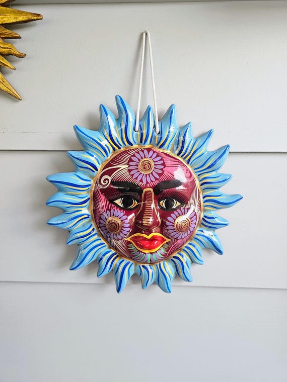 Vintage Talavera Sun Wall Hanging, Hand Painted Celestial Face, Mexican Folk Art Decor