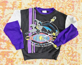 Sudadera infantil vintage de Batman de 1991, talla 6T, color morado y negro, con estampado de DC Comics, cuello redondo, rara.