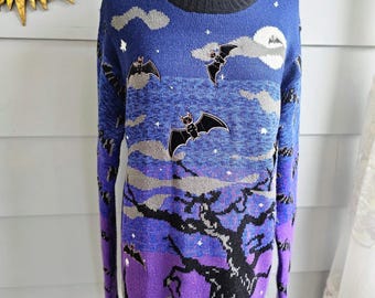 Suéter vintage de murciélagos, estilo gótico de Halloween con cielo nocturno tenebroso, tejido de punto, talla M/L