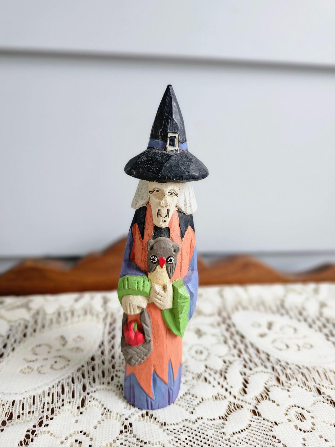 Vintage Folk Art Witch Sculpture Wood Carving Halloween Shelf Decor ...