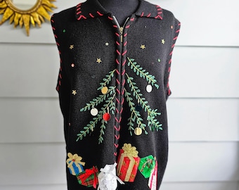 Vintage 90s Christmas Ugly Sweater Vest – Embroidered Holiday Gifts, Size Large
