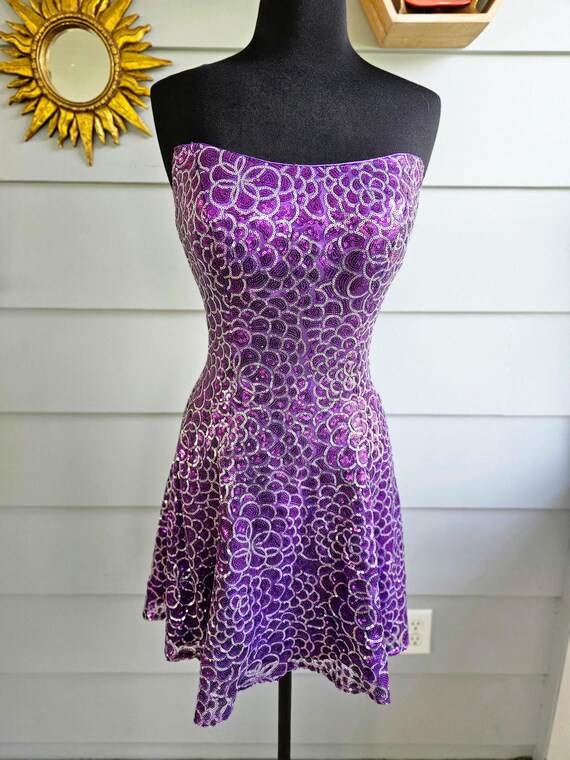 Vintage Y2K Purple Sequin Strapless Dress, Sparkly Party, 2000s Clubwear, Homecoming Cocktail Dress, Fairycore