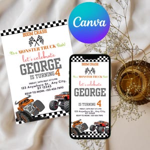 Monster Truck Birthday Invitation | Editable Canva Template | Boys 2nd Birthday Invite | Monster Jam Party | Watercolor Trucks Theme
