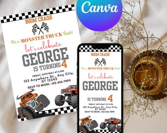 Monster Truck Birthday Invitation: Watercolor Theme (Canva Template, Digital Download