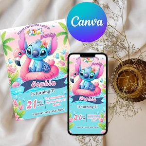 Puede incluir: Una colorida invitación para una fiesta en la piscina con un personaje de dibujos animados flotando en un flotador de flamenco rosa. La invitación incluye el texto "Pool Party" y "¡Sophia cumple 7 años!" con detalles del evento. Un smartphone muestra el mismo diseño.