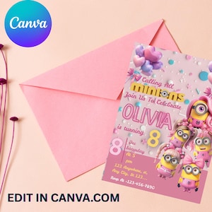Op de afbeelding: Roze verjaardagsuitnodiging met Minions-personages, de naam "Olivia" en het nummer 8. De uitnodiging bevat de tekst "Calling All Minions" en evenementdetails. Een roze envelop staat op de achtergrond.