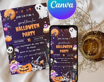 Könnte beinhalten: Eine Halloween-Party-Einladung mit lila Hintergrund, mit Vollmond, Fledermäusen, Geistern und Kürbissen. Der Text lautet "Join us for a spooktacular Halloween Party" mit Datum und Uhrzeit.