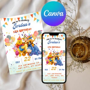 Winnie the Pooh invitation, printable editable boy girl birthday invite, electronic invitation, Teddy Bear invite template, Winnie invite