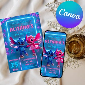 May include: A blue and pink birthday invitation featuring the characters Stitch and Angel. The invitation includes the text "Let's Celebrate Aliyana's 7th Birthday" and event details. A smartphone displays the same design.