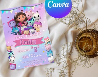 Convite de aniversário da Gabby's Dollhouse: modelo editável para festa infantil (download digital)