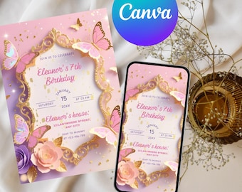 Schmetterlings-Geburtstagseinladung, Mädchen-Party, bearbeitbare Canva-Vorlage (digitaler Download)