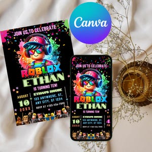 Roblox Birthday Invitation, Game Party, Editable Canva Template