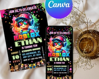 Roblox Geburtstagseinladung, Spielparty, bearbeitbare Canva Vorlage