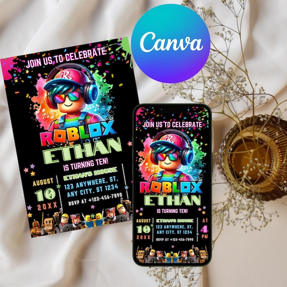 Roblox Birthday Invitation, Game Party, Editable Canva Template