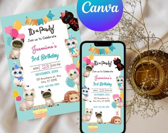Editable Cat Birthday Invitation, Cats Birthday Party Invite, Animal Birthday "Let's Pawty" Kitten Theme (Digital Download)