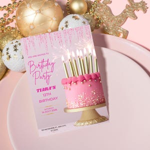 Modelo Canva editável com design de bolo rosa, cartão de convite de aniversário editável instantaneamente, convite de aniversário divertido e festivo para meninas