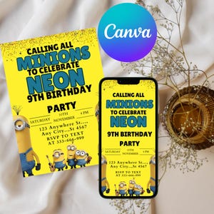 Editable Minion Birthday Invitation Template, Printable Birthday Party Invitations, Digital Kids Party Invite Template, Evite Bday Card