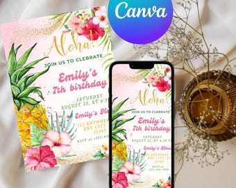 Editable Hawaiian Pineapple Birthday Invitation, Luau Party Invitation, Tropical Summer Birthday Invitation, Hawaiian Birthday Invitation