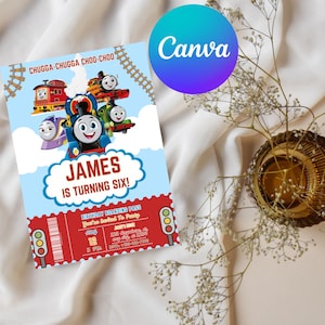 Faire-part d'anniversaire modifiable Thomas The Tank Engine | Modèle numérique Canvas | Invitation de fête imprimable | Anniversaire d'un enfant | Thème du train