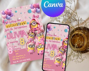 Editable Yellow Minion Birthday Invitation Template, Minions Kids Birthday Party Invite, Kids Birthday Invitation, Girl Minions Invitations