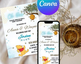 Invito per baby shower di Winnie the Pooh: modello stampabile blu (download digitale)