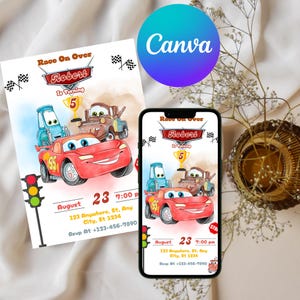 Cars Birthday Invitation editable template birthday party Invite cars Printable Canva instant download lightning McQueen mater