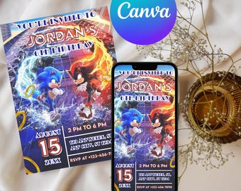 Sonic Birthday Invitation: Super Hedgehog Party, Editable Canva Template