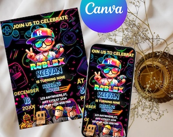 Roblox Geburtstagseinladung, Spielparty, bearbeitbare Canva Vorlage