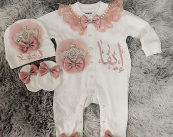 Personalized Baby Outfit Set, Rhinestone Crown, Handmade Cotton Romper, Hat & Gloves