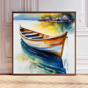 Cottagecore Lake Wall Art Print – Watercolour Style Wooden Boat on Tranquil Lake, Vintage Nature Scene for Rustic Home Décor.