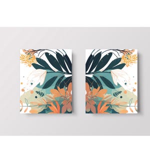 Stampe artistiche da parete con dittico di foglie – Design simmetrico verde e arancione su due pagine – Set di poster botanici solo stampabili per l'arredamento della casa.