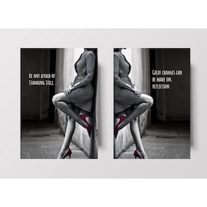 Dittico di stampe artistiche da parete "Scarpe Rosse" - Donna in bianco e nero con citazione, set di poster solo stampabili, decorazione riflettente ispirata alla moda. Per casa e ufficio.