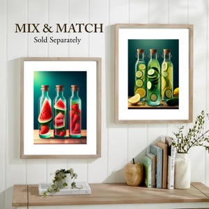 Fruchtiges Wandbild – 3 Flaschen mit Zitronen und Gurken | Frische Küche Dekor | A-Serie Größen | Mix & Match Kollektion | Nur drucken