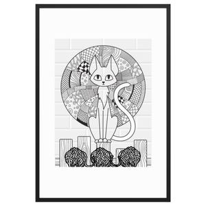 Black and White Cartoon Cat Sitting on Fence Wall Art Print, Fun & Playful Artwork for Home Decor, Living Room, Bedroom and Children's room.