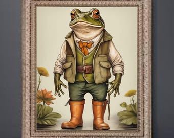Frog in Boots Art Print: Cottagecore Whimsical Gardening Decor