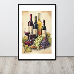 Wine Bottle and Glass Wall Art - Elegant Grape Decor for Kitchen, Dining Room, or Home Bar - Rustic & Vintage Wine Lover Art.
