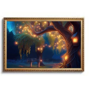 Cottagecore Vintage Rustic Wall Art Print – Willow Tree Landscape – Earthy Fairy Tale Inspired Horizontal Decor – Soft Cozy Nature Poster.