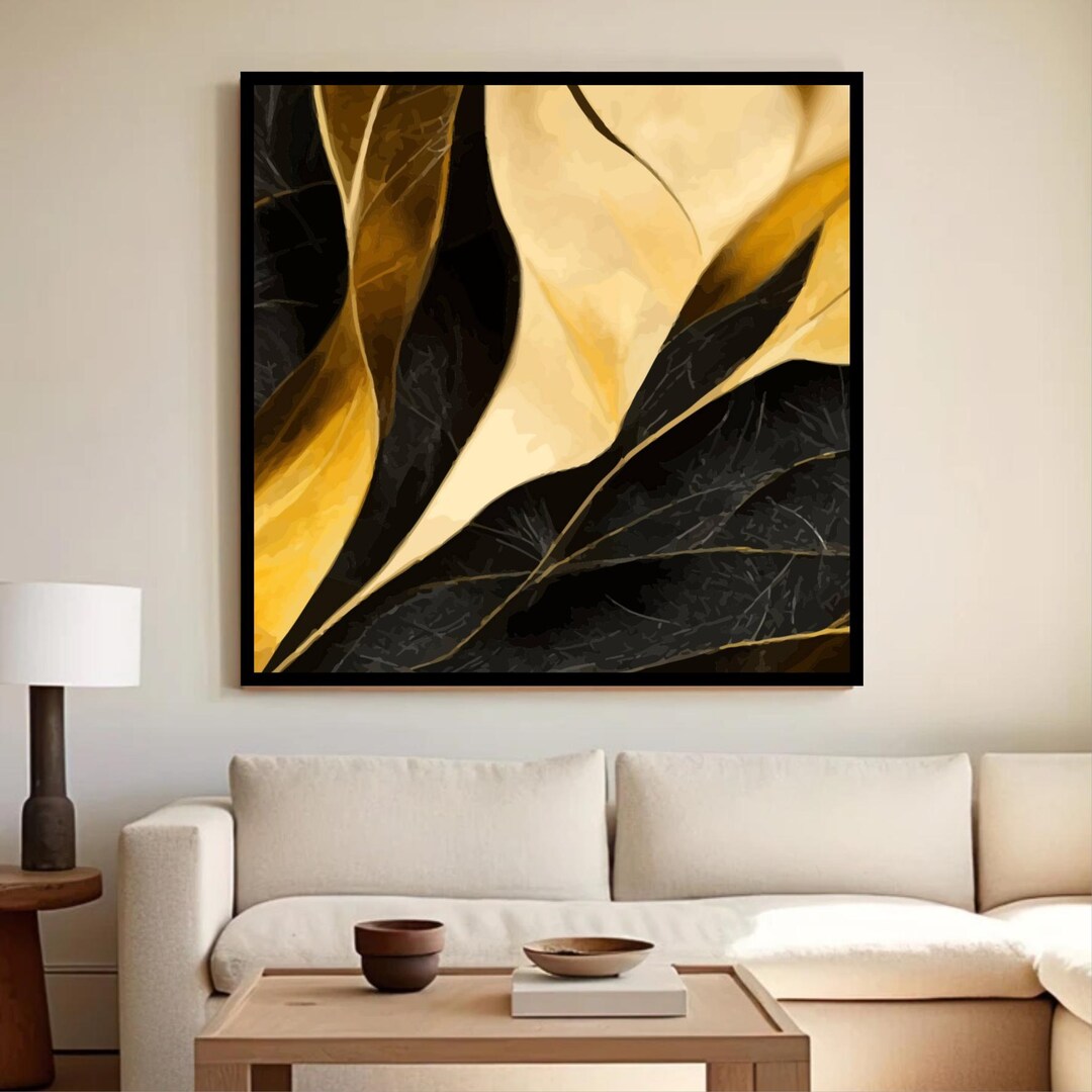 Black and Gold Leaf Art Print: Abstract Botanical Wall Decor - Etsy