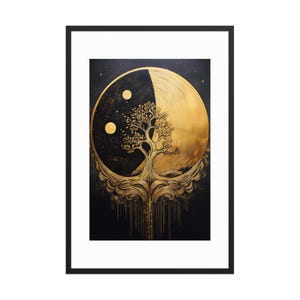 Framed Gold Moon & Tree Wall Art – Black and Gold Abstract Print, Celestial Minimalist Decor, Modern Lunar Poster for Home and Office.