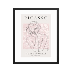 Gerahmte Picasso-inspirierte Frauen Kunst – Abstrakte Bleistiftzeichnung, Neutral Rosa & Beige, moderne kubistische Wanddekoration, minimalistischer künstlerischer Druck.