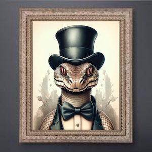 May include: Framed artwork depicting a snake in a black top hat, bow tie, and suit jacket. The snake has red eyes and detailed skin. The background is a soft, neutral tone with subtle floral accents. The frame is a light brown color.
