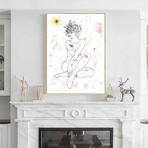 Floral Woman Line Art Print: Framed Home Decor Poster